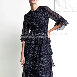 Ladies' 100%silk Chiffon Short Sleeve Ruffler Edge Print Dress thumbnail-1