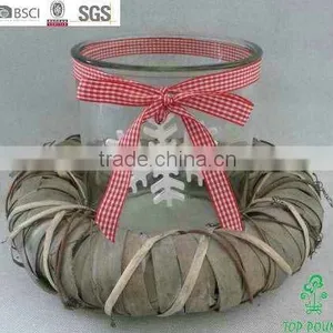 Natural Hurrican Candle Holder With Grey Wicker Ring and Glass and Snowflake thumbnail-1