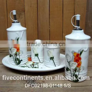 Chinese Ink Decal Ceramic Kitchenware Condiment Set With Salt and Pepper With Tray Set thumbnail-1