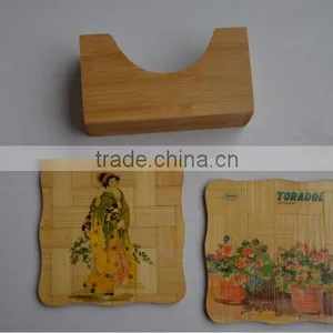 6 Pcs Chinese Image Pattern Nature Bamboo Woode Coaster Kitchen Cup Mat With Wooden Holder Set thumbnail-1