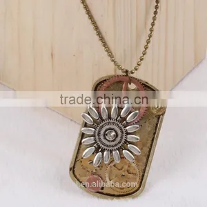 2015 Yiwu Fashion Imitation Jewelry Hot Sale Steampunk Necklace Dog Tag Gear Steam Flower Pendant Cameo Statement Necklace thumbnail-1