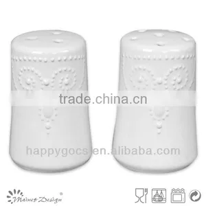 Ceramic Salt and Pepper Jars Embossed Round White thumbnail-1