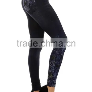 MGOO Custom Cheap Price Faux Denim Leggings High Waist Spandex Pants Foshan Manufacturer Yoga Wear thumbnail-3