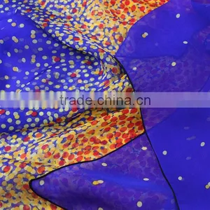 Crystal Blue Silk Scarf With Orange Dot Print - Polka Dot Printed Blue and Orange Silk Scarf thumbnail-2