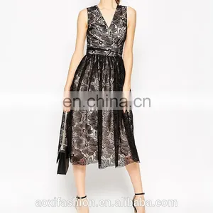 2016 Latest Style Organza Cut-out Back V-neckline Fashion Floral Lace Midi Prom Dress thumbnail-3