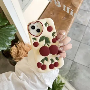 Fashion Cute 3D Cherry Bracket Soft Silicone Phone Case for IPhone 13 12 11 14 15 Pro Max on IPhone 14Pro 15Pro Back Cover thumbnail-1