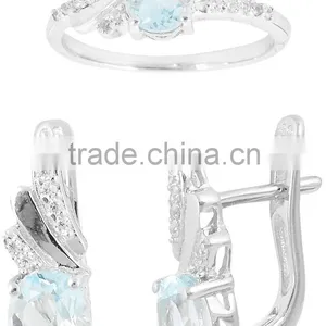 Natural Blue Topaz 925 Sterling Silver Ring Earring Set thumbnail-1