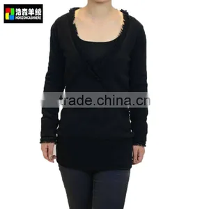 Fringe Trim Cashmere Women Knitted Sweater, Women Black Knitting Pattern Sweater thumbnail-1