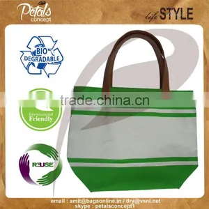 Stripe Print PU Handle Cotton Canvas Beach Bag thumbnail-3