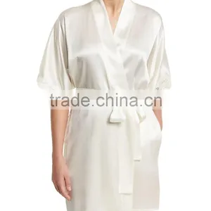 Wholesale & Custom Short Kimono Robe, Wrap Front Silk Satin Robe, Lace Trim Short Robe thumbnail-2