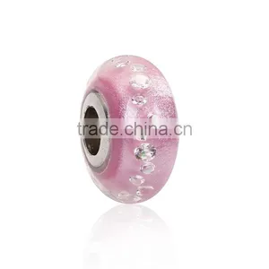 Lampwork Glass & Cubic Zirconia European Style Large Hole Charm Beads Round Light Pink Clear W/ Stainless Steel Core thumbnail-1