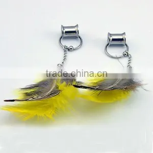 Annealed Fixed Bead Captive With a Feather Dangle Flesh Tunnel Ear Plug Body Jewelry ,body Piercing Jewelry, thumbnail-1