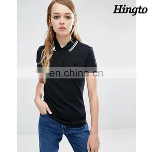 2016 Latest Women Black Multicolor White Tipped Sleeve and Collar Polo Shirts Wholesale thumbnail-1