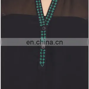 Sexy Trendy High Fashion Stylish Black Chiffon 3/4 Sleeve Embroidered Neck Detailing In Front Top Tunic Blouse Dress For Women thumbnail-4