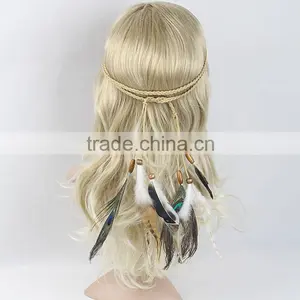 Wholesale Hair Accessories Girls Bohemia Braided Suede Headband With Feather Girls Hair Belts thumbnail-1