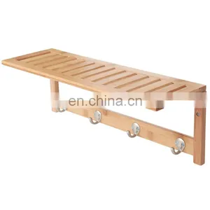 Bamboo Bathroom Shelf Wall Mounted Storage Organizer Towel Shelves Kitchen Living Room With 4 Stainless Steel Hooks thumbnail-1