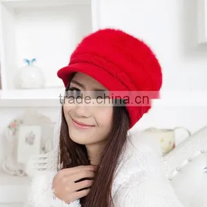 4 Colors Available Warm Knit Winter Wool Rabbit Fur Women Hat Beret Stock thumbnail-6