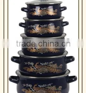Full Phoenix Decal Dark Navy Blue Double Handle Enamel Cookware Set Kitchenware Enamel Pot 5 Pcs Stock Belly Pot With Glass Lid thumbnail-1