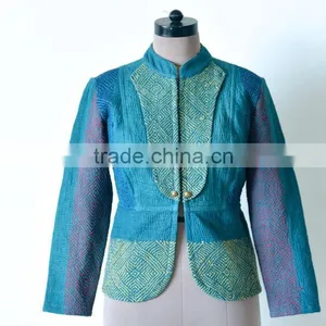 Vintage Kantha Jacket in Viridian Green With Embroidery ~ Extra Large thumbnail-1