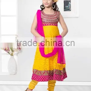 Lemon Yellow Color With Pink Zari Design at Neck Anarkali Salwar Kameez Sizzling Girls Ready Made thumbnail-1