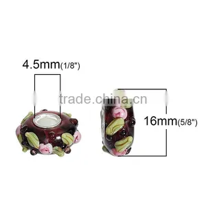 Custom Round Silver Tone Core Flower Leaves Purple European Style Large Hole Lampwork Glass Beads thumbnail-2