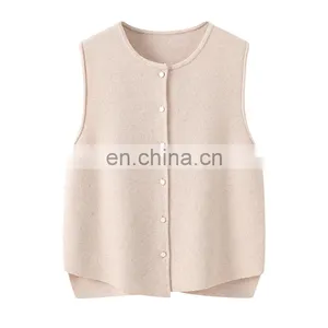 Inner Mongolia Erdos Casual Crew Neck Button Vest for Women Knitted Woolen Cashmere Tops With Embroidered Logo Outer Wear thumbnail-6