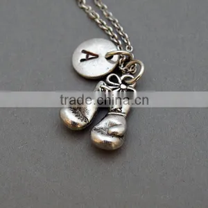 Boxing Gloves Necklace and Initial, Silver Boxing Glove Charm, Personalized Initial Necklace,Gold Silver Monogram Necklace thumbnail-2