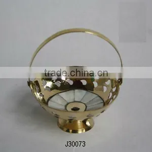 Cast Brass Basket With Mother of Pearl Mosaic and in Mirror Polish thumbnail-1