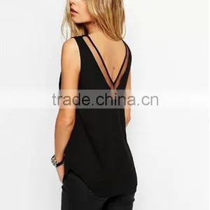 European and American Style Solid Color V-neck Blouses Stitching Gauze Halter T-shirt Tank Top Women thumbnail-2