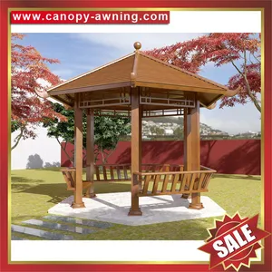 Outdoor Park Garden Wood Look Style Aluminum Metal Gazebo Pavilion Pagoda Gloriette Canopy Awning Shelter Cover for Sale thumbnail-1
