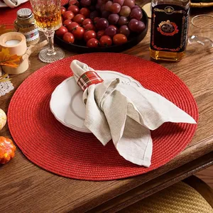 4 Pack Red Round Place Mats Pot Holders Wicker Tablemats Boho Braided Heat Resistant Mats, Plate Chargers for Table thumbnail-5