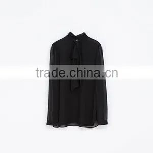 Ladies Chiffon Sheer Pure Black Shirts thumbnail-1