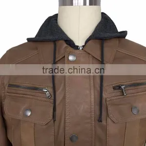 Man Wear Supplier Good Quality New Fashion Wholesale Brown PU Leather Jacket With Hood thumbnail-4