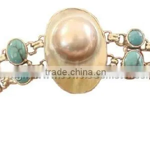 Sterling Silver BLISTER PEARL & TURQUOISE Bracelet, Semiprecious Bracelet thumbnail-1