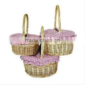 Chinese Traditional Willow Wicker Round Basket With Liner and Handle thumbnail-1