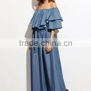 Ladies Ruffled Neck Off The Shoulder Short Sleeve Blue Color Tie Waist Long Maxi Denim Dress thumbnail-4