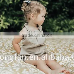 Beige Halter Girls Shorts Baby Clothes Romper Linen Baby Boutique Summer Outfit thumbnail-3