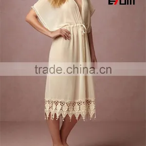 Customize Ladies Luxury Cotton Knee Length Robe, Sexy Lace Trim Kimono Robe 2017031 thumbnail-1