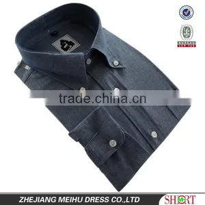 2016 100% Cotton Chambray Fabric Button Down Roll Collar Long Sleeve Washed Denim Dress Shirt for Men thumbnail-1