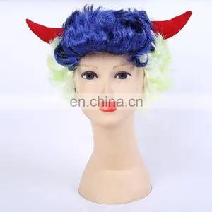 White and Blue Devil Fans Wig With Horns thumbnail-1