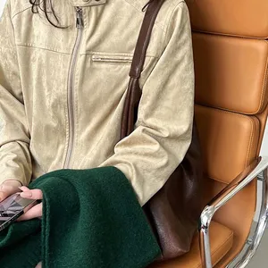 Luxi Early Autumn New Retro Stand up Collar Buckle Suede Jacket Women's Hong Kong Style Short Motorcycle Jacket Top thumbnail-5