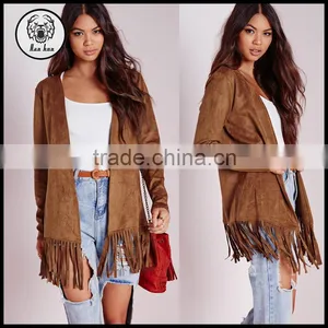 2015 Women Winter Long Sleeve Faux Suede Jacket With Fringe Hem thumbnail-1