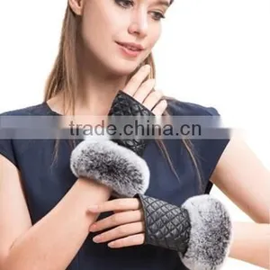 Fingerless Gloves Sheepskin Gloves Mittens With Rex Rabbit Fur Trim For Winter Lady thumbnail-2