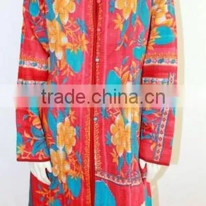 Long, Hand Quilted, Kantha Jacket, Coat -Fully Reversible thumbnail-1