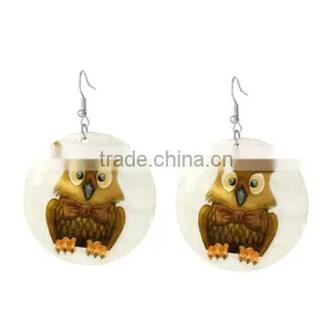 Silver Tone Hook Round Yellow Halloween Owl Fashion Shell Dangle Earrings 6.5cmx4.5cm thumbnail-1