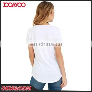China Factory Custom Printing Short Sleeve Girl Cotton T Shirt V-neck White Tee Woman Lady Shirt thumbnail-5