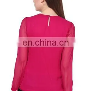 Popular Creation Latest Designer Chiffon Lace Neck Pattern Red Hot Comfortable Long Sleeve Western Beautiful Tunic Dress Top thumbnail-3