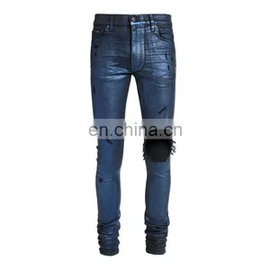 DiZNEW Fashion Purple Wax Denim Mens Ripped Hemp Jeans Men thumbnail-2