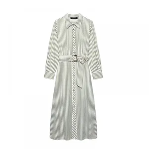 New Women's European and American Style French Fashion Dress With Waist Belt, Striped MIDI Dress thumbnail-3