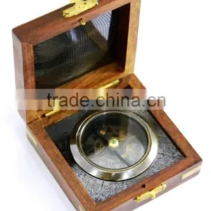 Antique Brass Promotional Gift Compass in Wooden Box 13519 thumbnail-3